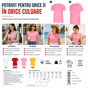 Tricou Damă Malfini Edge 814, 100% Bumbac, Guler Rotund, Croială Tubulară, 4 Culori, XS–4XL - Img 5