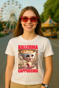 Tricou Dama Tralalero TraLaLa cu Ballerina Cappuccina Italian Brainrot Meme - Img 4