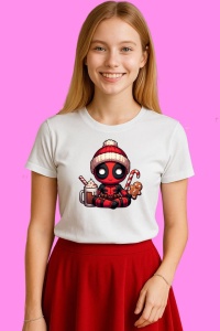 Tricou Deadpool Christmas Cu Cana Mare Si Biscuit, din bumbac 100%, tricou alb, Copii | Dama | Barbat - Img 3