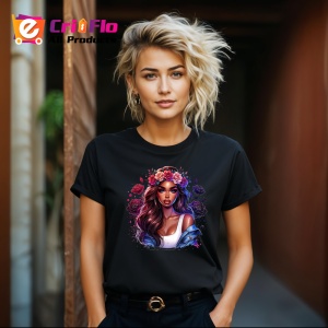 Tricou Deep eyes girl rose crown tattoo, fata cu privire profunda si coronita de trandafiri, Copii | Dama | Barbat , tricou negru