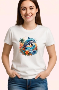 Tricou Delfini sarind in valuri cu flori tropicale Copii | Dama | Barbat - Img 3