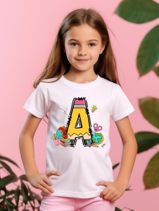 Tricou din bumbac 100% pentru copii, litera A, Back To School, educatie, creioane, carti - Img 3