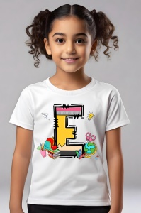 Tricou din bumbac 100% pentru copii, litera E, Back To School, educatie, creioane, carti - Img 4