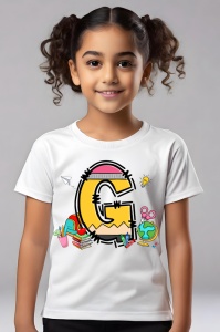 Tricou din bumbac 100% pentru copii, litera G, Back To School, educatie, creioane, carti - Img 4