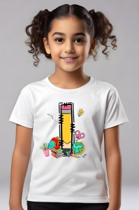 Tricou din bumbac 100% pentru copii, litera I, Back To School, educatie, creioane, carti - Img 3