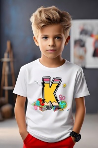 Tricou din bumbac 100% pentru copii, litera K, Back To School, educatie, creioane, carti - Img 4