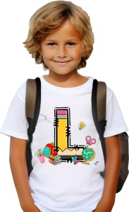 Tricou din bumbac 100% pentru copii, litera L, Back To School, educatie, creioane, carti