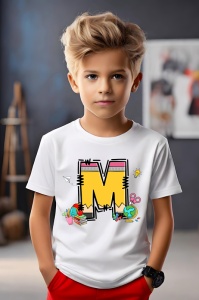 Tricou din bumbac 100% pentru copii, litera M, Back To School, educatie, creioane, carti - Img 4