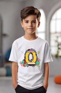 Tricou din bumbac 100% pentru copii, litera Q, Back To School, educatie, creioane, carti - Img 3