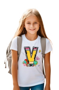 Tricou din bumbac 100% pentru copii, litera V, Back To School, educatie, creioane, carti