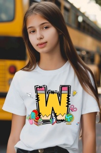 Tricou din bumbac 100% pentru copii, litera W, Back To School, educatie, creioane, carti - Img 4