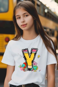 Tricou din bumbac 100% pentru copii, litera Y, Back To School, educatie, creioane, carti - Img 3