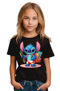 Tricou din bumbac 100% pentru copii, Stitch, Back To School, educatie, creioane, carti