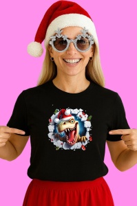 Tricou, dinozaur Cu Crengute Si Fundal Deschis Craciun, din bumbac 100% Copii | Dama | Barbat - Img 3