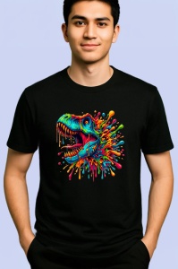 Tricou Dinozaur curcubeu cu ochelari fundal rosu Copii | Dama | Barbat, culoare negru - Img 2