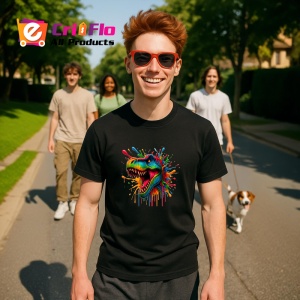 Tricou Dinozaur in stil graffiti cu dinti mari fundal alb Copii | Dama | Barbat, culoare negru - Img 4