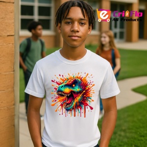 Tricou Dinozaur rosu portocaliu in stil exploziv Copii | Dama | Barbat - Img 4