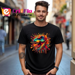 Tricou Dinozaur rosu portocaliu in stil exploziv Copii | Dama | Barbat, culoare negru - Img 5