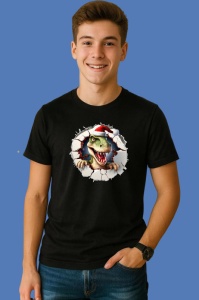 Tricou, dinozaur Verde Cu Caciula Mosului Craciun, din bumbac 100% Copii | Dama | Barbat - Img 2