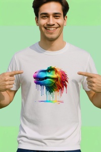 Tricou Dinozaur verde portocaliu cu vopsea fundal alb Copii | Dama | Barbat - Img 2