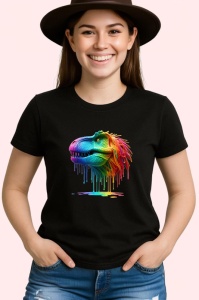 Tricou Dinozaur verde portocaliu cu vopsea fundal alb Copii | Dama | Barbat, culoare negru