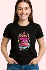 Tricou Donut Worry Be Happy Gogosi Roz, Copii | Dama | Barbat, culoare negru - Img 3