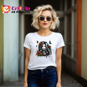 Tricou elegant black hair flower burst, fata cu par negru si explozie florala, Copii | Dama | Barbat - Img 11