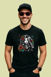 Tricou Elegant black hair flower burst, fata cu par negru si explozie florala, Copii | Dama | Barbat , tricou negru - Img 4