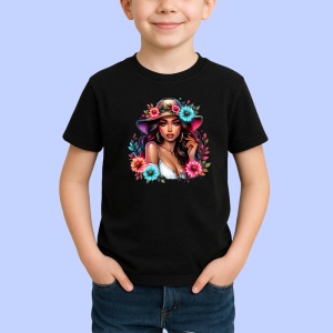 Tricou Elegant woman pink hat flower detail, femeie eleganta cu palarie roz si flori, Copii | Dama | Barbat , tricou negru - Img 2