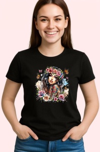 Tricou Flower crown butterflies girl tattooed, fata cu coronita fluturi si tatuaje, Copii | Dama | Barbat , tricou negru - Img 3