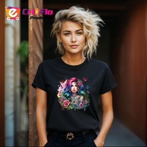 Tricou Flower crown girl rainbow hair, fata cu coroana de flori si par curcubeu, Copii | Dama | Barbat , tricou negru - Img 8