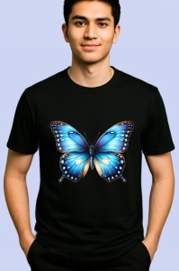 Tricou Fluture albastru intens cu accente aurii si margini negre Copii | Dama | Barbat, negru - Img 2