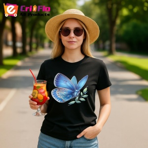 Tricou Fluture albastru pastel pe frunza fundal simplu Copii | Dama | Barbat, negru - Img 10