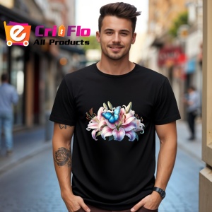 Tricou Fluture albastru pe crin roz compozitie florala vibranta Copii | Dama | Barbat, negru - Img 6