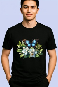 Tricou Fluture albastru pe flori albe compozitie florala calma Copii | Dama | Barbat, negru - Img 2
