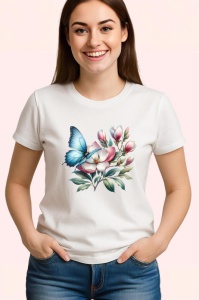 Tricou Fluture albastru pe flori de magnolie compozitie botanica Copii | Dama | Barbat Barbat - Img 3