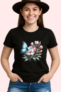 Tricou Fluture albastru pe flori de magnolie compozitie botanica Copii | Dama | Barbat, negru - Img 4