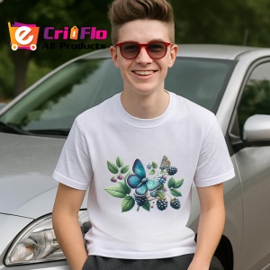 Tricou Fluture albastru pe mure compozitie botanica decorativa Copii | Dama | Barbat Barbat - Img 5