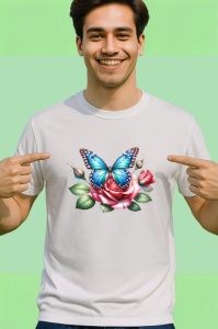 Tricou Fluture albastru pe trandafir roz compozitie romantica Copii | Dama | Barbat Barbat - Img 2