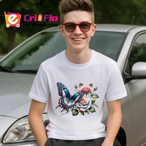 Tricou Fluture albastru pe trandafiri roz compozitie romantica Copii | Dama | Barbat Barbat - Img 6