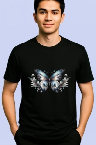 Tricou Fluture argintiu cu accente albastre si florale Copii | Dama | Barbat, negru - Img 2