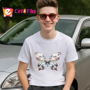 Tricou Fluture bej cu albastru si accente florale artistice Copii | Dama | Barbat Barbat - Img 5
