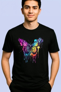 Tricou Fluture colorat in stil pop art fundal alb Copii | Dama | Barbat, culoare negru - Img 2