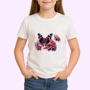 Tricou Fluture negru cu roz pe flori mari de lotus stil luxos Copii | Dama | Barbat Barbat - Img 4