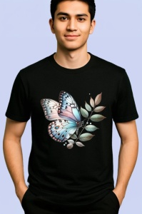 Tricou Fluture pastel albastru si roz pe frunze bej Copii | Dama | Barbat Barbat - Img 5