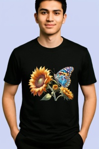 Tricou Fluture portocaliu pe floare de floarea soarelui ilustrativ Copii | Dama | Barbat Barbat - Img 5