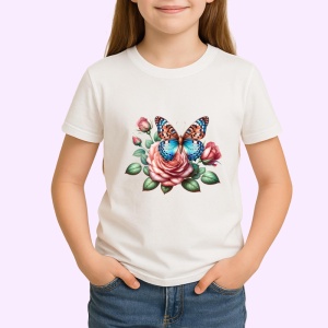 Tricou Fluture portocaliu pe trandafir roz compozitie romantica Copii | Dama | Barbat Barbat - Img 3