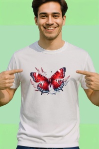 Tricou Fluture rosu cu alb si flori ilustrate desen dinamic Copii | Dama | Barbat Barbat - Img 2