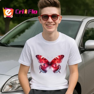 Tricou Fluture rosu cu negru pe fundal alb stil clasic Copii | Dama | Barbat Barbat - Img 8
