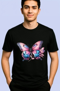 Tricou Fluture roz pastel cu albastru pe fundal floral Copii | Dama | Barbat Barbat - Img 5